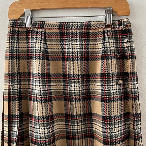 Vintage Tan Tartan Wool Plaid Kilt Midi Skirt with Button Detail Vintage - Picture 2 of 8